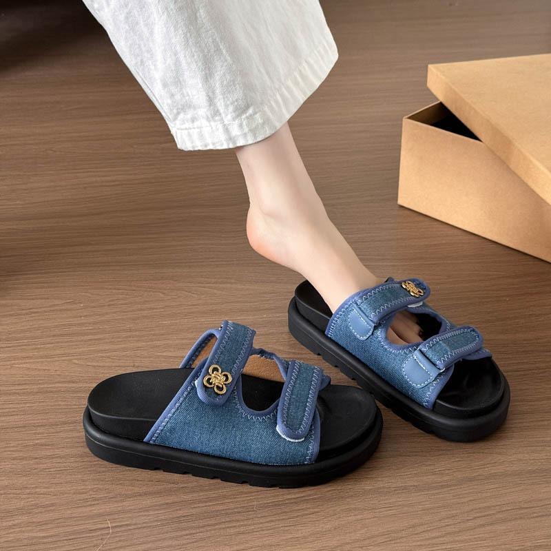 Large Size Thick-bottomed Cool Slippers Women's Summer Denim Outer Wear Velcro Printed Beach One-word Slippers
