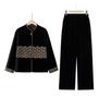 Spring Collection: Embroidered Velvet Two-Piece Suit for Mothers - Jacket & Elastic Waist Pants