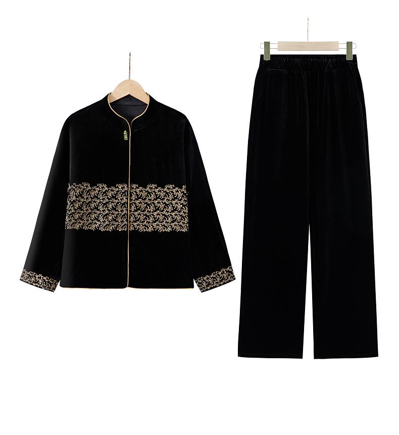 Spring Collection: Embroidered Velvet Two-Piece Suit for Mothers - Jacket & Elastic Waist Pants