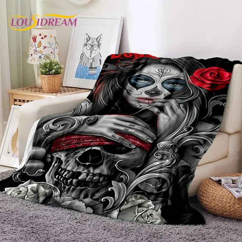 Totenkopf Totes Mädchen 3D Gothic Horror Weiblich Rose Weiche Flanelldecke für Betten Schlafzimmer Sofa Picknick, Überwurfdecke zum Zudecken Freizeit
