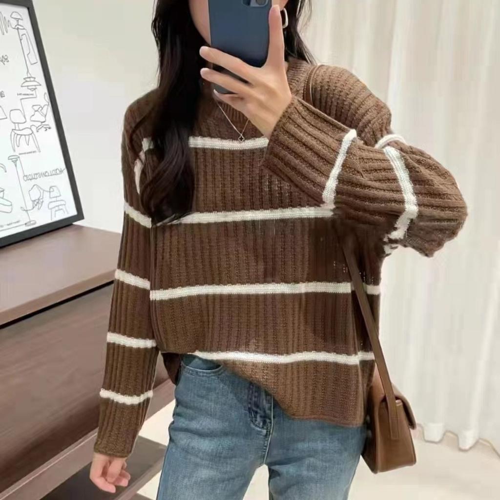 Spring and Autumn Women's Striped Sweater Top Knitted Sweater Round Neck Women's Clothing
