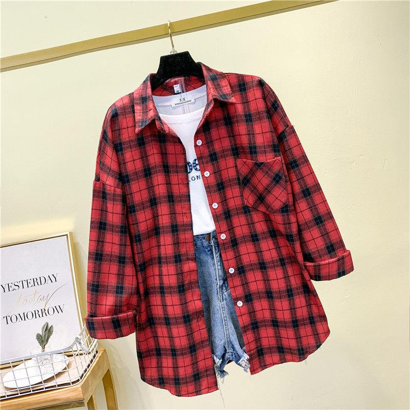 

Клетчатая рубашка, женская весенне-осенняя женская повседневная свободная блузка с длинными рукавами и топы, одежда больших размеров M