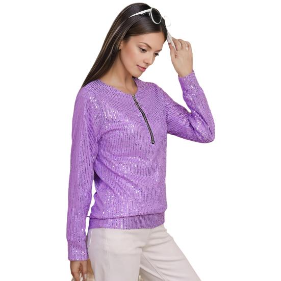 Women Tops Round Neck Zipper Half Placket Long Sleeve Pullover Tops Solid Color Shiny Sequins Loose Fit Blouse