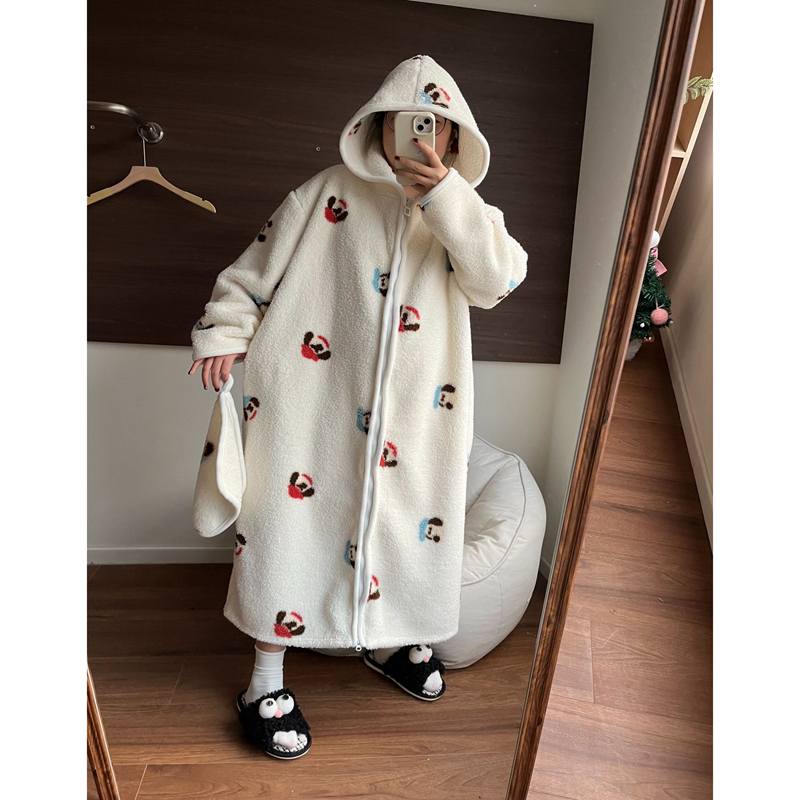 Women's Striped Fleece Hooded Robe, Thickened Warm Flannel Coral Velvet Loungewear Pajama Sets