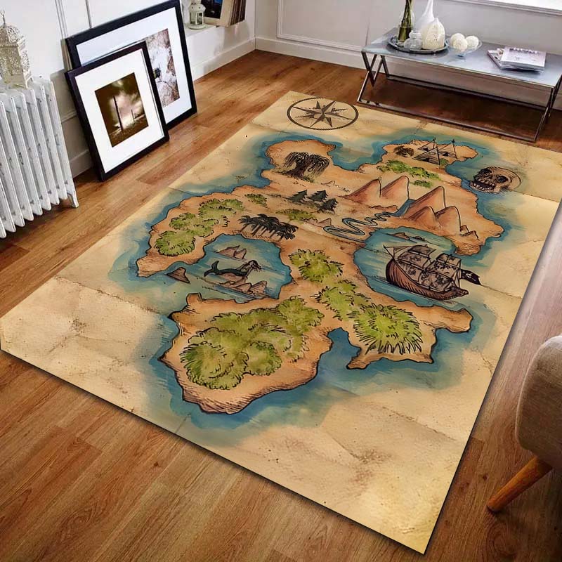 

1PC Vintage Pirate Treasure Map Print Carpet for Bedroom Living Room Bedside Sofa Floor Mat Modern Home Decor Area Rug 40x60cm (16x24in)