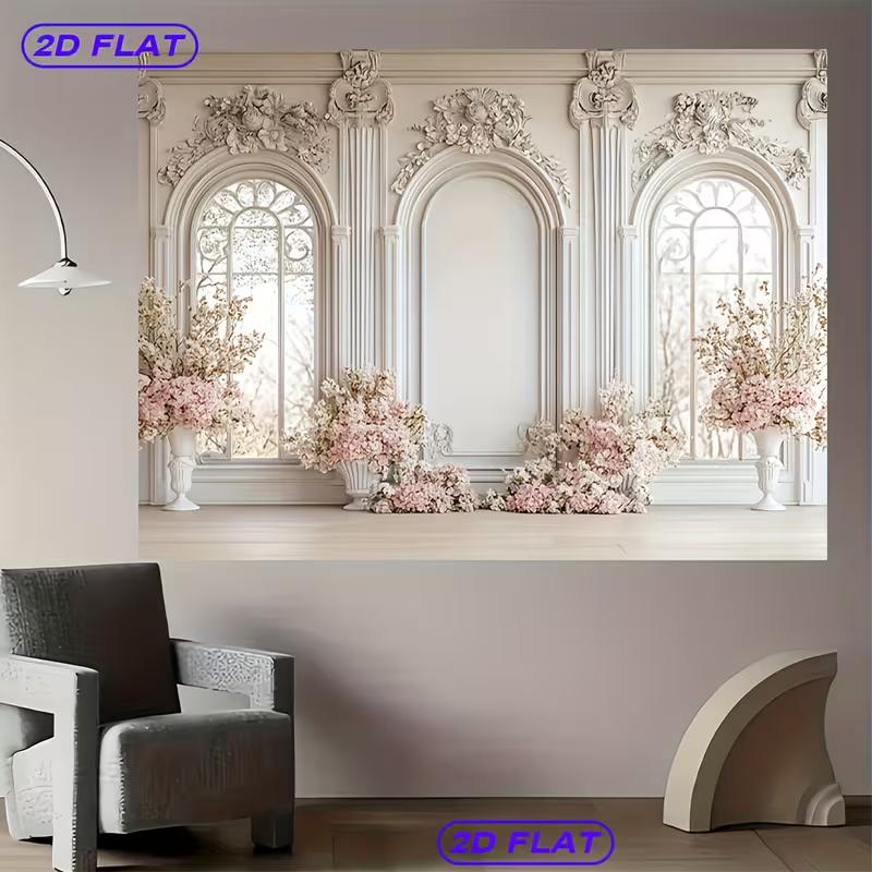 2D Elegant White Window Backdrop Pink Flower Wedding & Party Decor