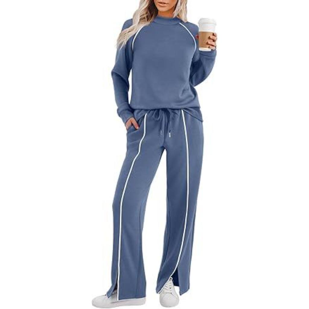 Women's Relaxed Fit Tracksuit Long Sleeve Crew Neck Sweatshirt Drawstring Waist Split Flare Pants