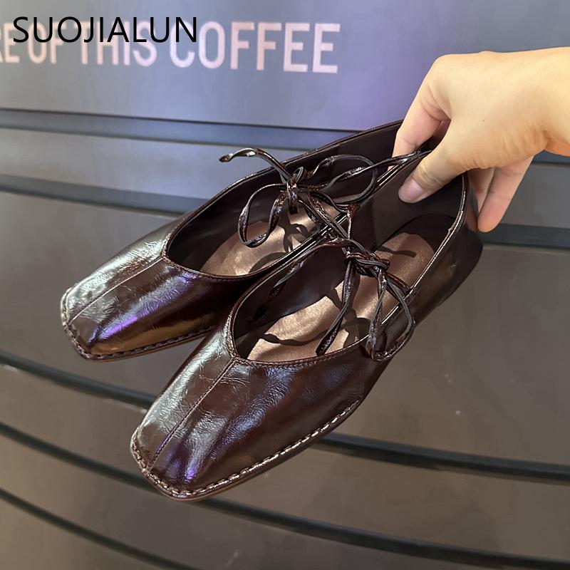 Fashion SUOJIALUN Big Size 35-41 Women Vintage Flats Shoes Leather Lace-Up Low Heels 2025 Shoes Classic Suqare Toe Casual Loafers