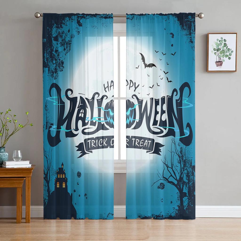 Halloween Bat Pumpkin Curtain Window Tulle Living Room Bedroom Kitchen Chiffon Treatment Decorations Curtains Light Filtering Polyester Sitting