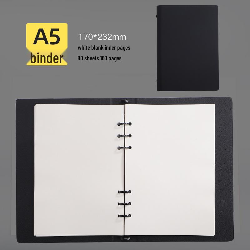 Minimalist Black A5 PU Leather Loose-Leaf Notebook with Black Card Paper Inner Pages