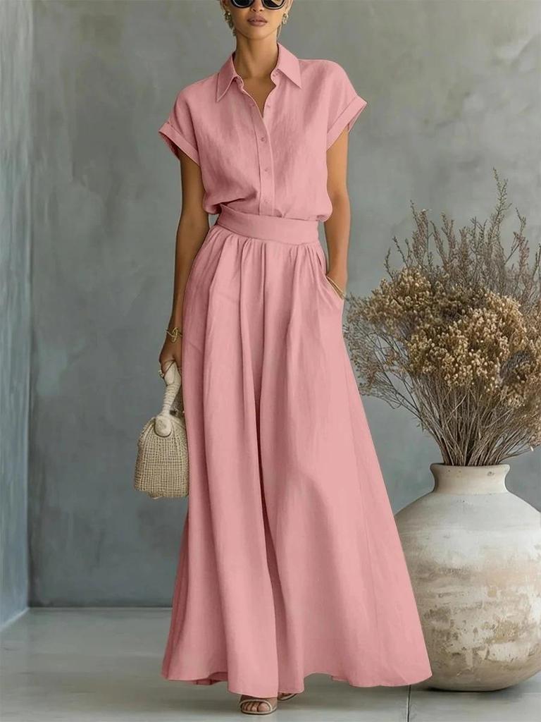 2026 Spring/Summer Casual Solid Color Shirt and Wide-Leg Pants Two-Piece Set