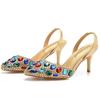 7cm Shallow Tipped Sandals Colored Rhinestone Slim Heel Sandals Large Size Wedding Shoes Bride Wedding Banquet Full Diamond Shoes