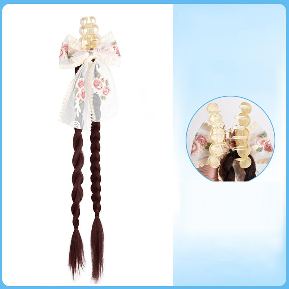Female Synthetic Wig Lace Flower Bow Tie Tassel Grabbed Clip Wig Natural Fake Twist Ponytail Creative Gentle Versatile Hairstyle