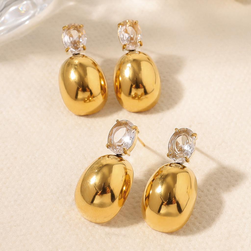 Stainless Steel Three-Dimensional Smooth Water Drop Earrings, French Commuter Zircon Inlaid Long Titanium Steel Stud Earrings For Women