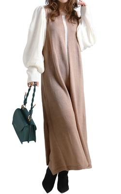 Gold Japan Plus Size Knit Long Size Beige Women's Center-Lined Dress, Dress, Bro-0005, 3L,