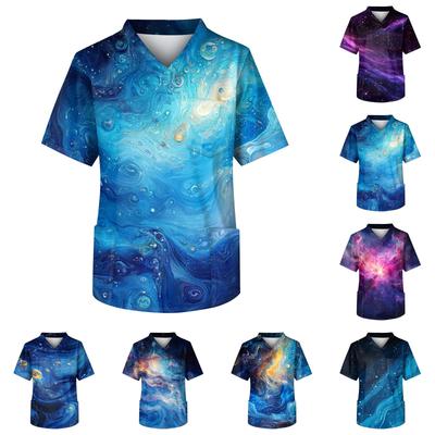 Men's Printing Short Sleeve V-neck Working Blouse Chest Pocket Carer Top