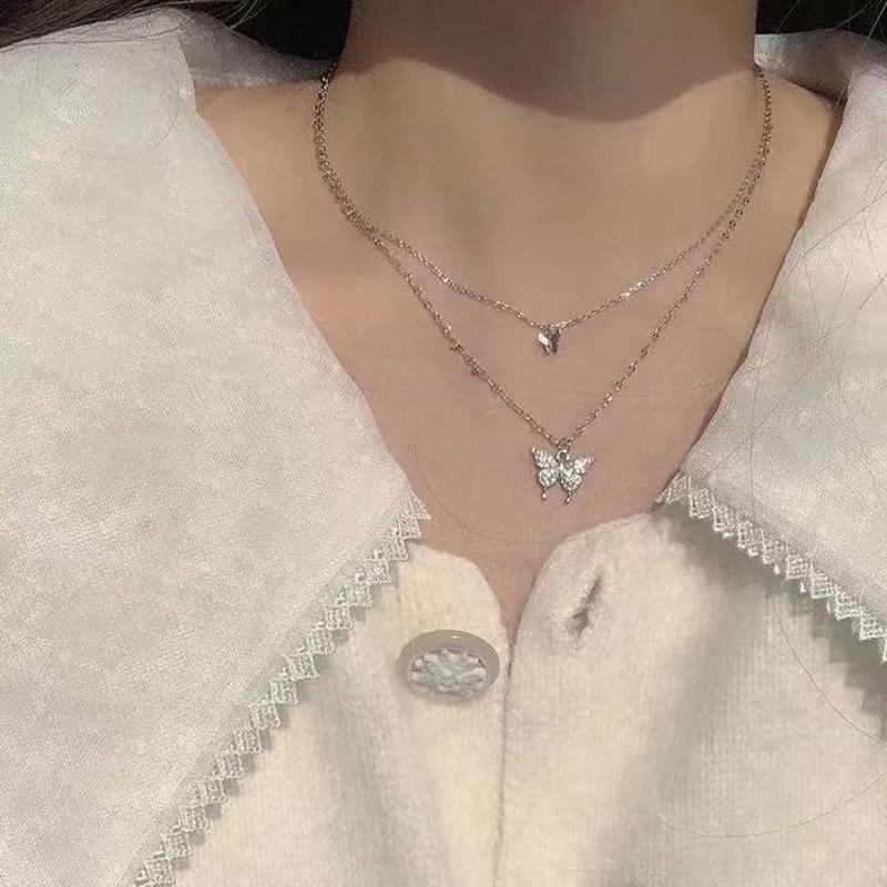 New Shiny Butterfly Necklace Ladies Exquisite Double Layer Clavicle Chain Necklace Jewelry for Ladies Gift