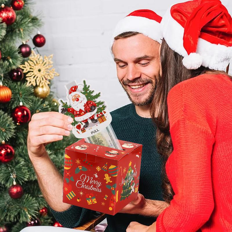 Christmas Money Gift Box Cash Pull Out Storage Box with 52 Transparent Bag Kids Christmas DIY Surprise Gift New Year Party Decor