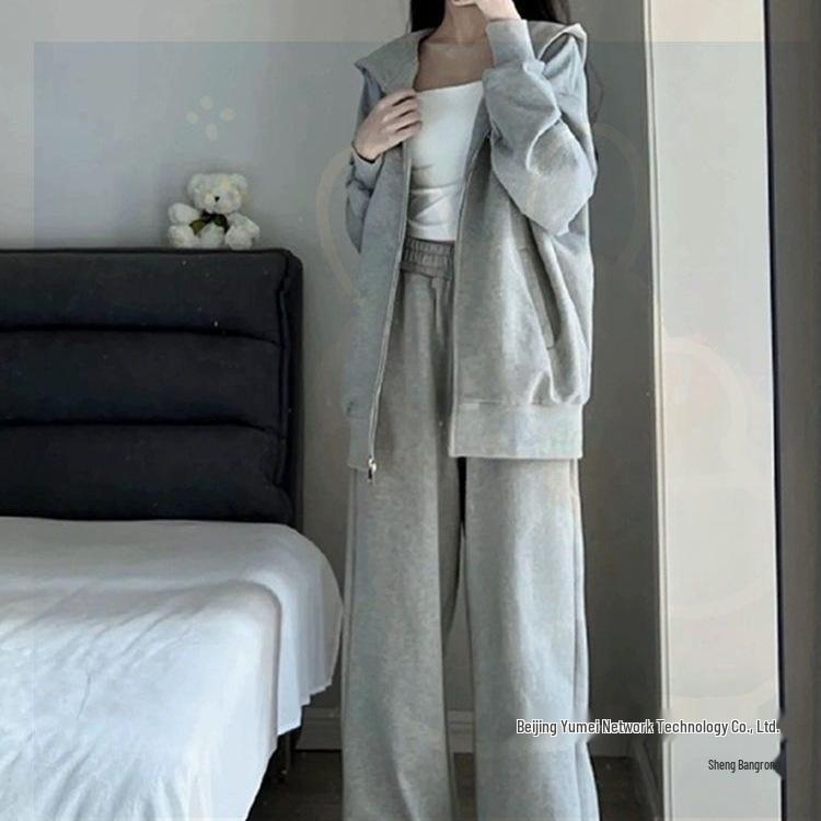 Women's Loose Hooded Grey Sweatshirt & Wide-Leg Pants Set for Autumn/Winter
