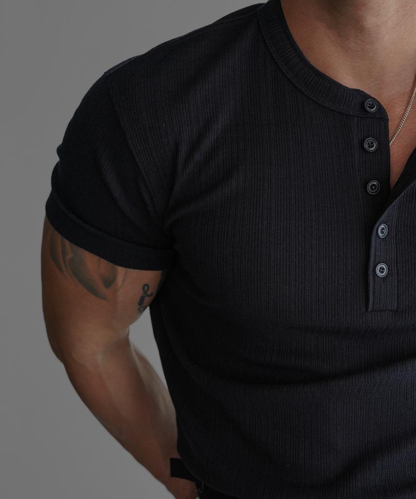 Baulopeulodeogteu Pattern Muscle Henley Neck Short Sleeve Knit Tee [Navy]
