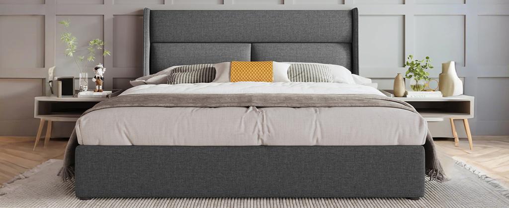 Upholstered Bed 160x200cm with Adjustable Headrests, Hydraulic Frame, Storage, Linen Material, Metal Slatted Frame, Grey (With Mattress)