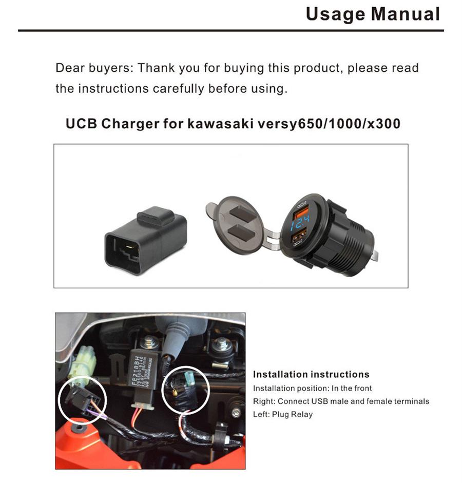 2USB Motorbike Charger Socket Digital LED Voltmeter+Relay For Kawasaki Versys650