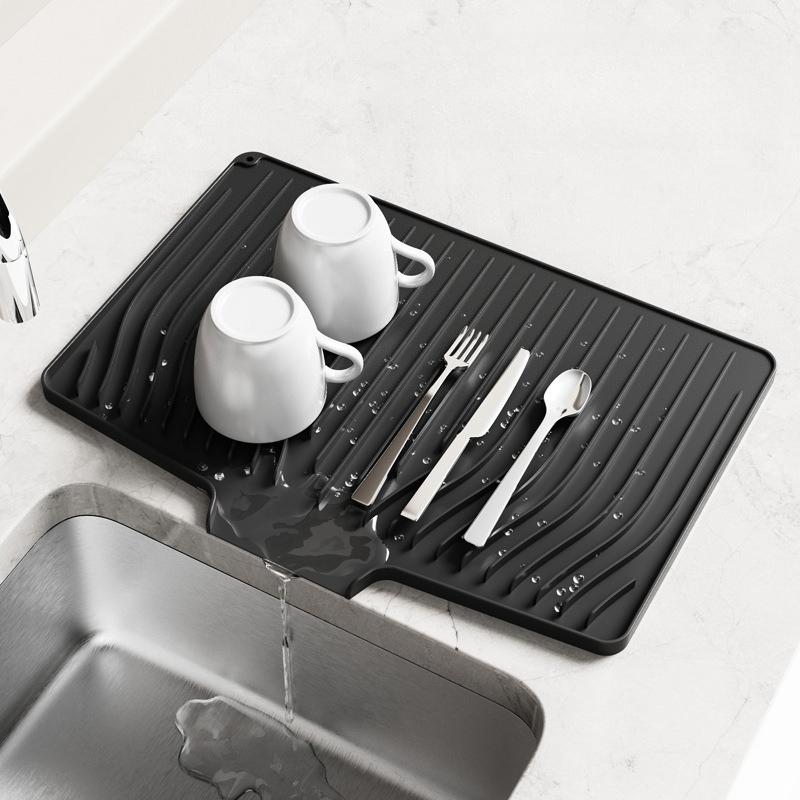 Silicone Kitchen Counter Drying Mat Non-Slip Dish Drainer Pad with Slope Design for Plates Heat-Resistant Utensil Drain Board