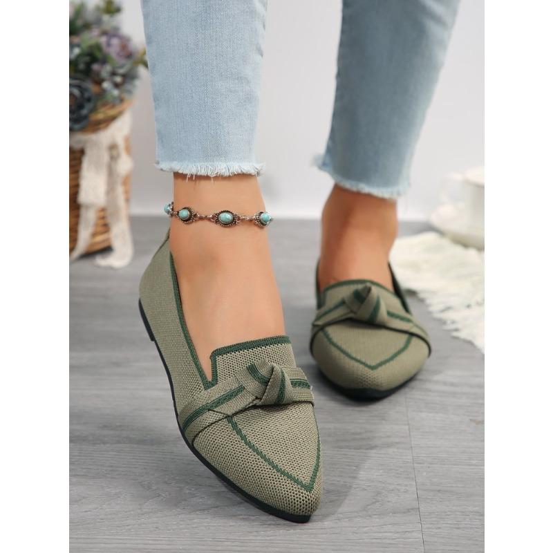Skinny pointed large size flat single shoes women, fashionable flying weaving one pedal bow casual breathable color matching single