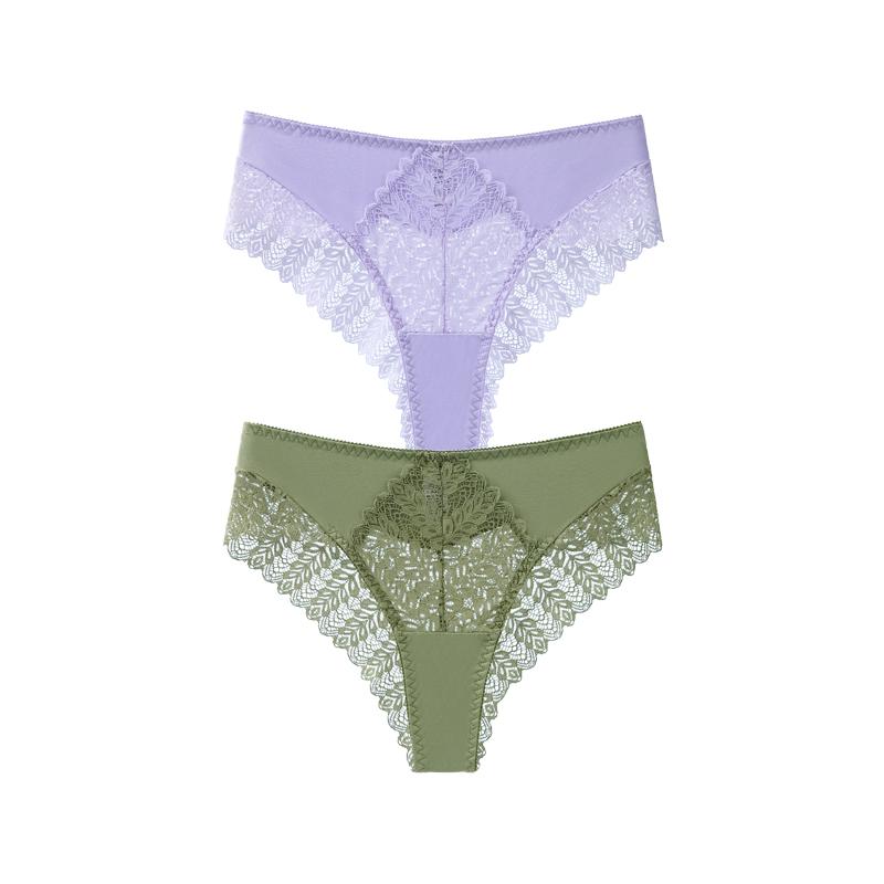 TERMEZY 2Pcs/Lot Sexy Mid Rise Patchwork Briefs Hollow-out Lace Pattern Panties Solid Color Breathable Skin-fit Briefs