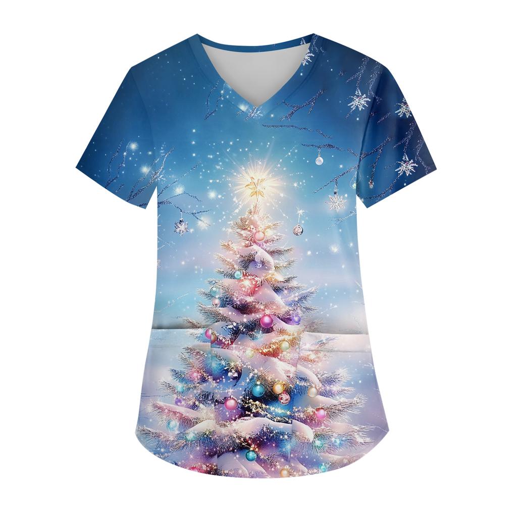 Dámský top s výstřihem do V, vánočním potiskem, krátkým rukávem, kapsou a bočním rozparkem