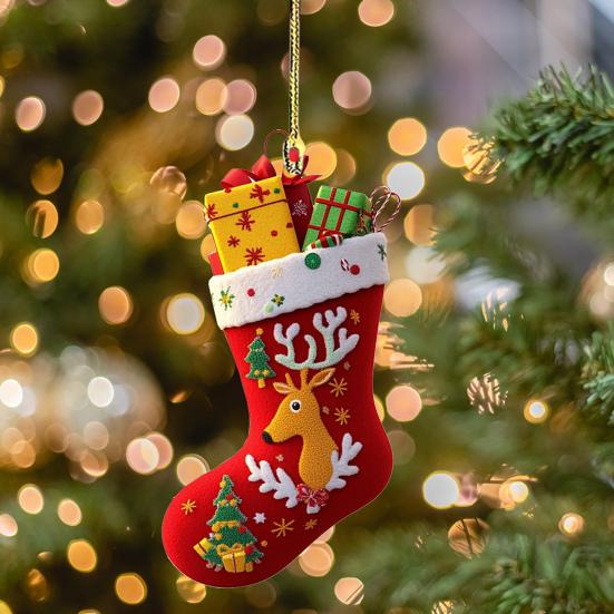 Christmas Socks Santa Claus Red Hanging Ornament Acrylic Decorative Keychain Pendant Xmas Stockings Wall Decoration