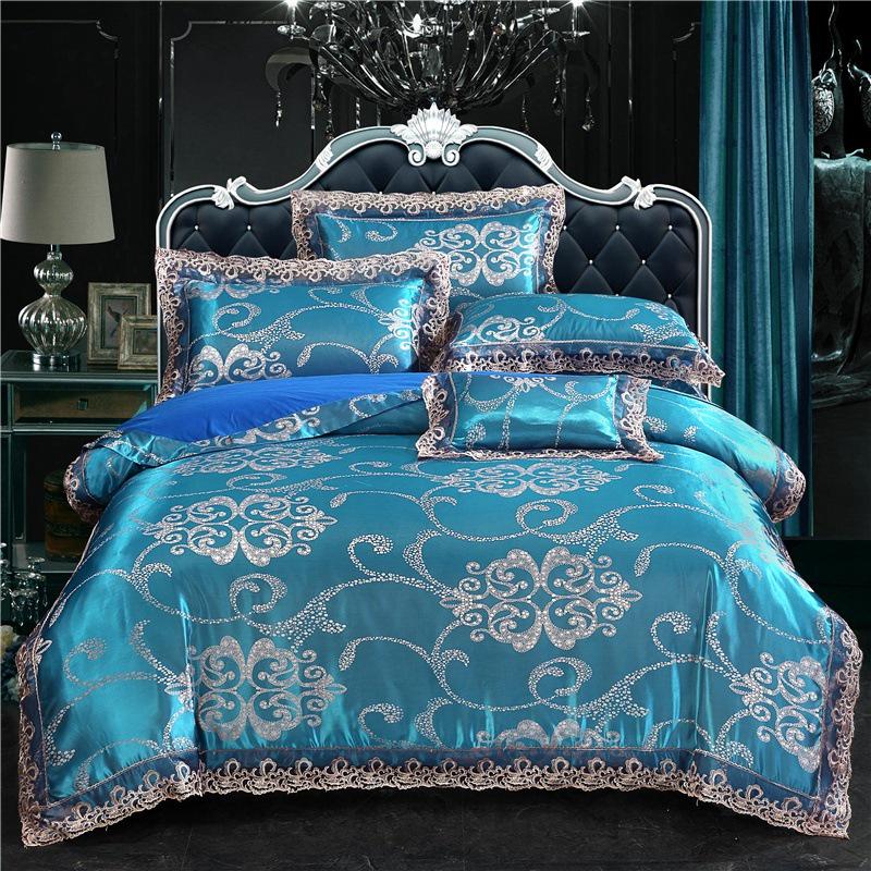 European Satin Jacquard Bedding Set - Lace-Trimmed, 4-Piece Set