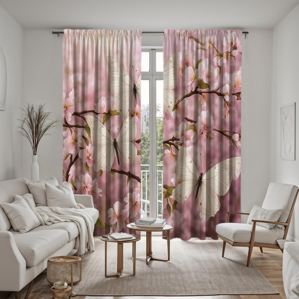 2 Stücke HD Digital Rosa Kirschblüten Schmetterling Vorhänge Home Dekorationsstil Dekoration Wohnzimmer Schlafzimmer Stangenvorhänge