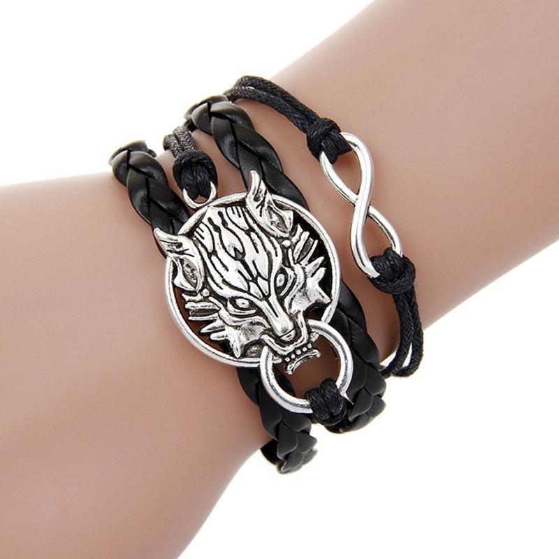 Unisexe hommes femmes mode fait à la main tête de loup réglable multicouche tissé Bracelet cadeau