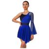 Womens Shiny Figure Skating Dress Color Block Mesh One Flare Sleeve Built In Briefs Irregular Leotard
