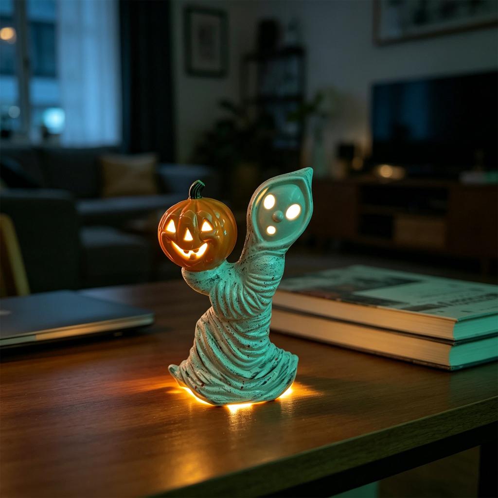 Vintage Ghost Holding Pumpkin Figurine with Warm White Light Bulb Small Night Light Halloween Decoration Indoor Use
