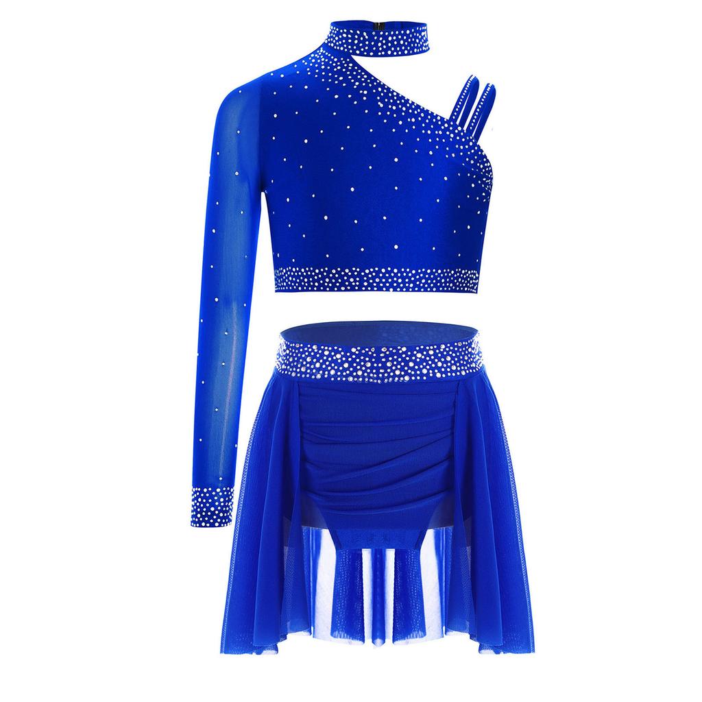 Girls Sparkly Rhinestones Crop Top Ruched Irregular Dance Skirt Figure Skating Gymnastics Set