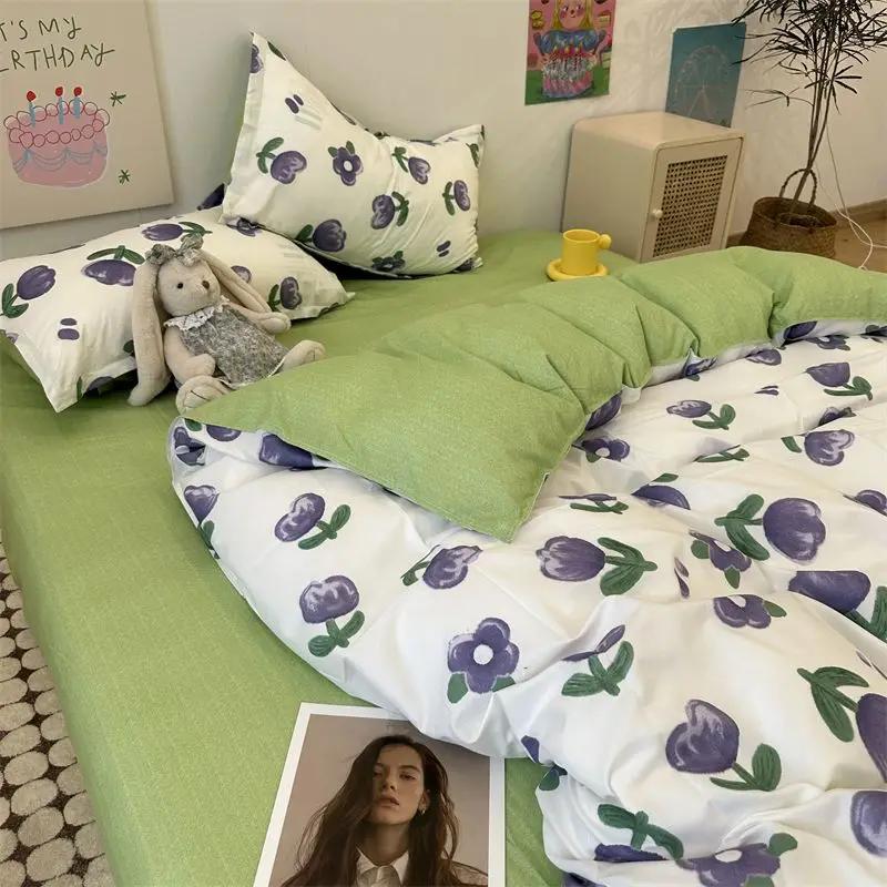 Ins Style Bedding Set Fashion Solid Color Washable Duvet Cover Without Comfortable Pillowcases Sheet for Student Soft Home Texti