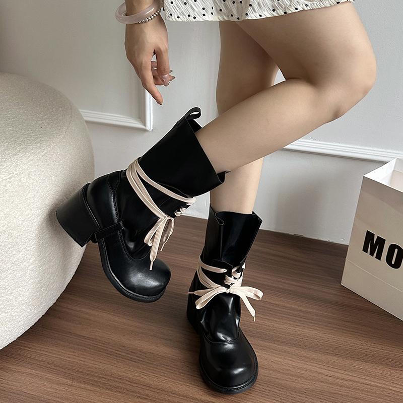 Autumn Winter Round Toe Women Mid Calf Boots Fashion Slip On Square Heels Shoes Female Modern Booties