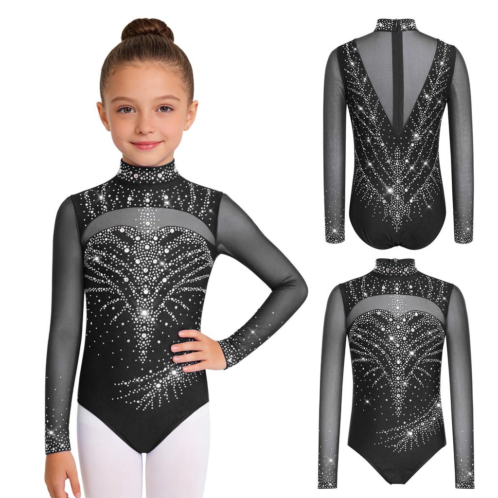 Dívčí trikot s rolákem a dlouhým rukávem, síťované díly, třpytivé kamínky, skrytý zip na zádech, gymnastický body