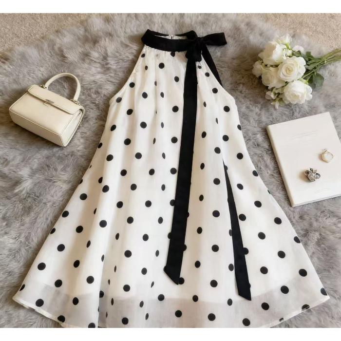 Xiaoxiangfeng bow polka dot chiffon dress for women s summer senior sense super good-looking French super fairy neck skirt S