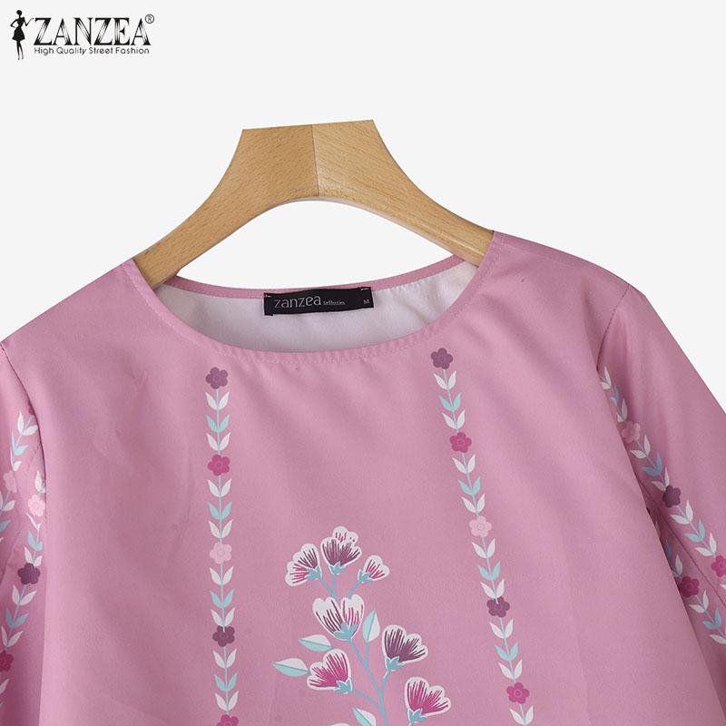ZANZEA Blusa holgada casual para mujer con estampado floral, cuello redondo, abertura y manga 3/4