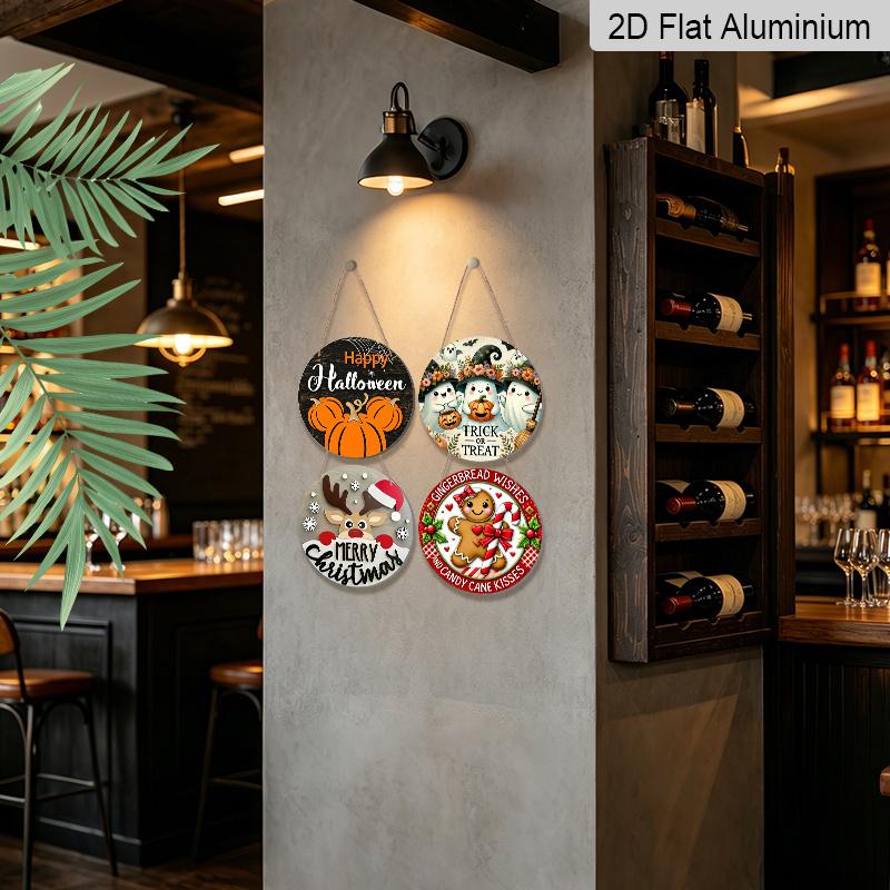2D Flat, 4pcs Round Aluminum Hanging Sign Set, Halloween Christmas Dual Holiday Pumpkin Ghost Reindeer Gingerbread Man Print, Metal Plaque Combo for