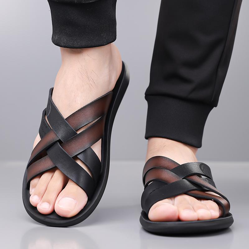 Herren Schwarz Leder Pantoffeln Handgemacht Einfache Flats Sommer Weiß Outdoor Römische Sandalen Offene Zehe Strandschuhe Übergröße