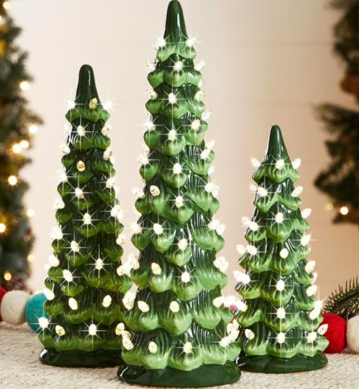 Ceramic Christmas Trees, Pre-Lit Hand-Painted Tabletop Holiday Decoration w/Multicolor Bulbs, LED Lights – Green J0MC