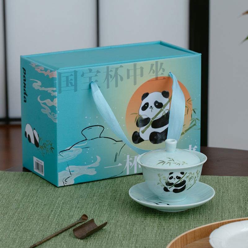 Chinese Style Panda Ceramic Cover Bowl Cup Kung Fu Tea Set Restaurant Home Brewing Tea Bowl Single High End Gift Giving Ceramic Tea Set