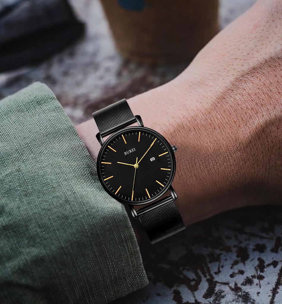 BUREI Men's Analog Quartz Watch with Date Display, Waterproof, Popular, Simple, Stylish, Milanese Mesh Strap, Perfect for Commuting (Gold, Black, Stai