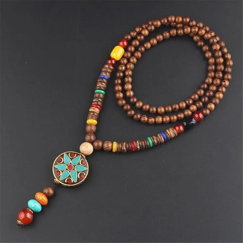 Handmade Nepal Buddhist Mala Bead Pendant Necklace Ethnic Wooden Bead Long Jewelry Gifts For Women