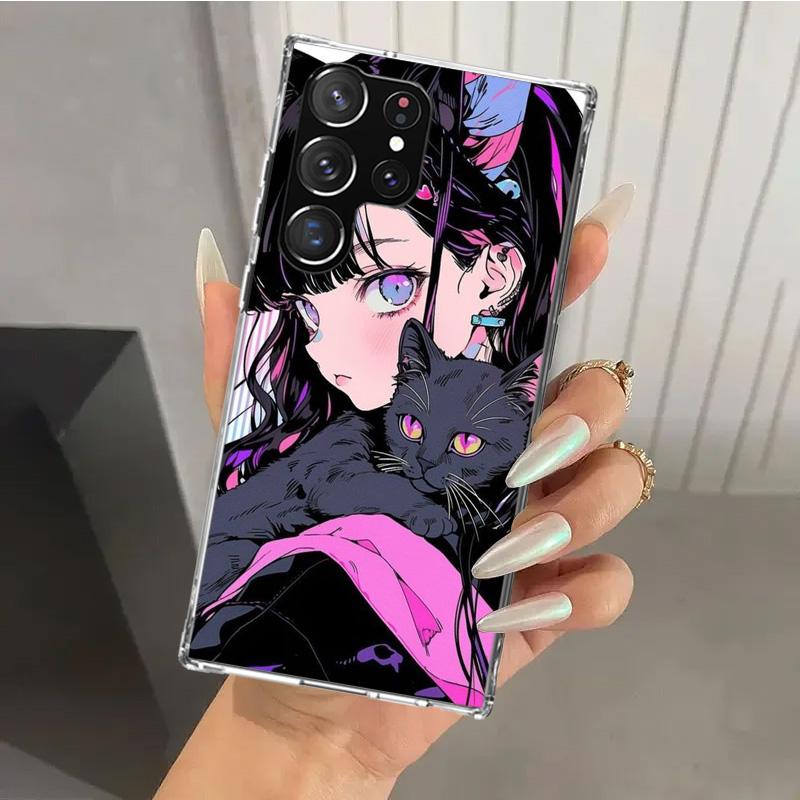Anime Girls Cute Black Cat Phone Case for Samsung Galaxy S26 S24 S23 Ultra S25 Edge S22 S21 Plus S20 FE + Soft Print Shell Funda