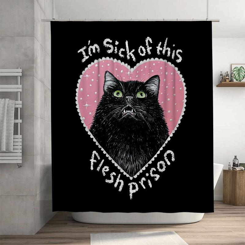 

Decorative Cat Shower Curtain With Black Background, Heart Shape Design, Bathroom Decorative Accessories For Home Decoration Bla W60H190(CM)-1 Pcs